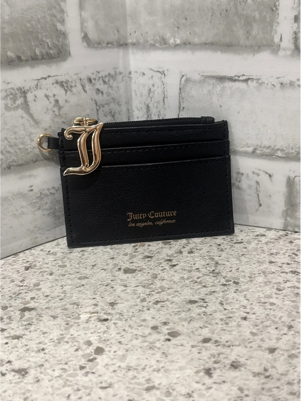 Juicy Couture Black Leather Card Holder with Gold Accent